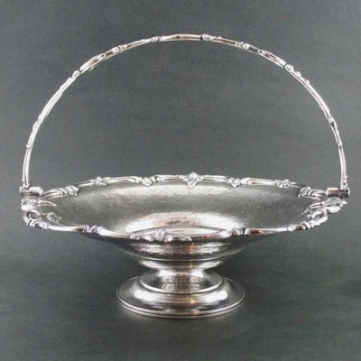 Антикварная 12-дюймовая серебряная КОРЗИНА с качающейся ручкой — ЧЕКАННЫЕ вручную фрукты и цветы, на ножках - Изображение 1 из 4