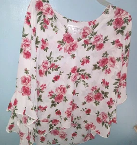 Chelsea & Theodore SZ 1X Roses Layered Flared Sleeves Blouse Feminine Coquette - Picture 1 of 10