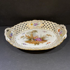 VTG Meissen Porcelain Oval Dish Reticulated Gold Accents Dresden Germany 8x6” - Picture 1 of 7