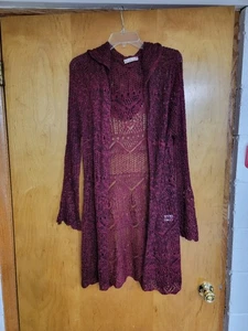 IT'S OUR TIME ~ Open Crochet Duster Sweater Hooded Burgundy XL 100% Acrylic - Picture 1 of 8