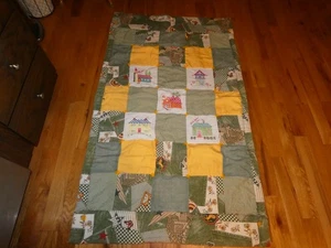 1976 Cross Stitch Signature Quilt Handmade Denim Gingham Barn Church 36 x 61 - Picture 1 of 9