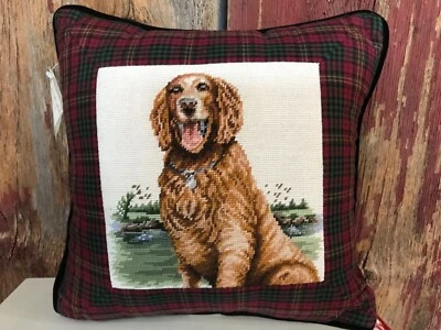Handmade Needlepoint Throw Pillow Golden Retriever 12"x12" - Image 1 of 4