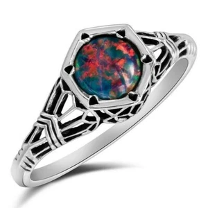 1CT Natural Red Fire Opal 925 Solid Sterling Silver Filigree Ring Sz 9 FZ-3 - Picture 1 of 4