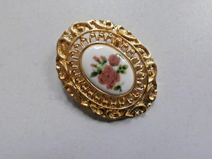 Brosche Anstecker goldfarben mit Porzellan Rosenmotiv oval 3,5 x 4,5 cm - Bild 1 von 4