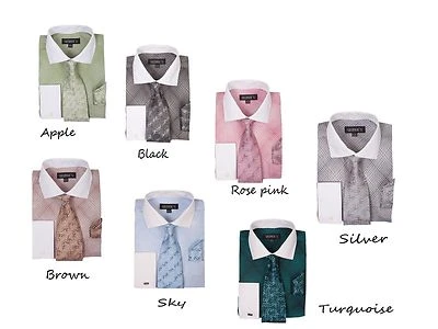 全新 迷你格子/格子设计 正装衬衫 法式袖口 白色领 领带和手帕 AH624 — 第 1/4 张图片