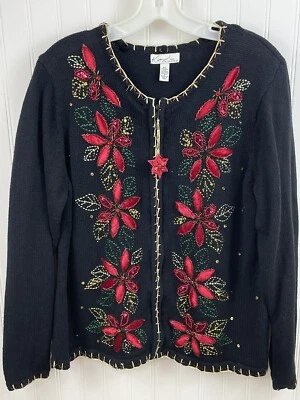 Cárdigan negro Kim Rogers Petite para mujer suéter de Navidad con cuentas flores de pascua PXL Foto 1 de 4