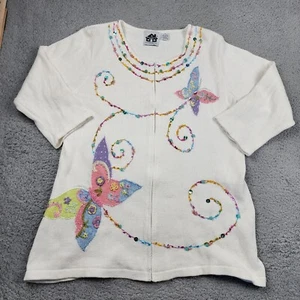 Vtg Storybook Knits Cardigan Sweater L Fairy Butterfly Jewels Embroidered 3D Art - Picture 1 of 18