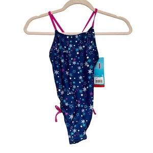 NWT Speedo Girls One Piece Swimsuit Size Medium 10 Blue Pink Stars Bows UPF 50+ - Picture 1 of 6