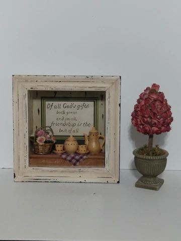 Shadow Box Cottage Core God's Gift Friendship Basket Flowers Coffee Rosebud Tree Cover
