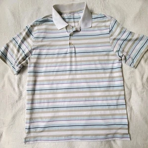 Nike Polo Shirt Mens Large White Striped Dri Fit Performance Golf Tennis Comfy - Picture 1 of 7