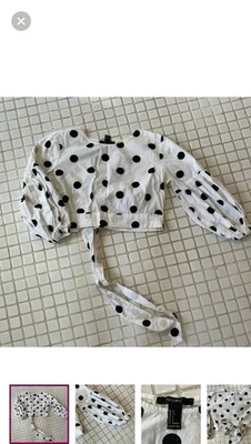 Forever 21 White Cotton Crop Top With Black Polka Dots And Puff Sleeves - Image 1 of 4