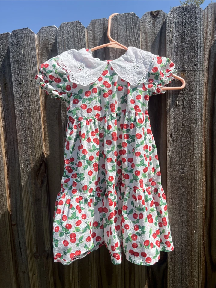 Pink Berry Vintage Fruitty Cherry cherries party Dress Girls Sz 7 eyelet collar - Image 1 of 4