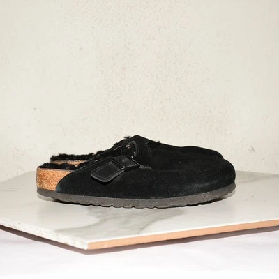 Birkenstock Boston Suede Shearling Black Sandal Women 36 R - Image 1 of 4