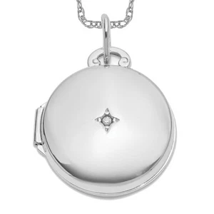 14K Solid White Gold Diamond Round Photo Locket Necklace - Picture 1 of 4