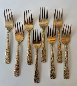 VTG Cellini Romanesque Set of 8 Gold Plated SALAD FORKS Japan 1968 MCM Flatware - Picture 1 of 6