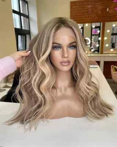 Pelucas de cabello humano 100 % frente de encaje onda resaltada marrón ceniza rubio miel Balayage - Imagen 1 de 9