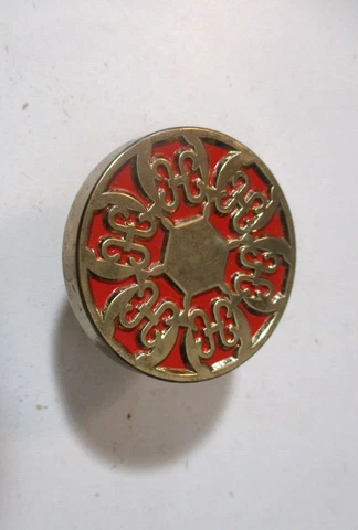 Jaybee  1940 Cabinet Door Drawer Castillion Pull Knob Red & Brass MCM Retro Vtg Cover