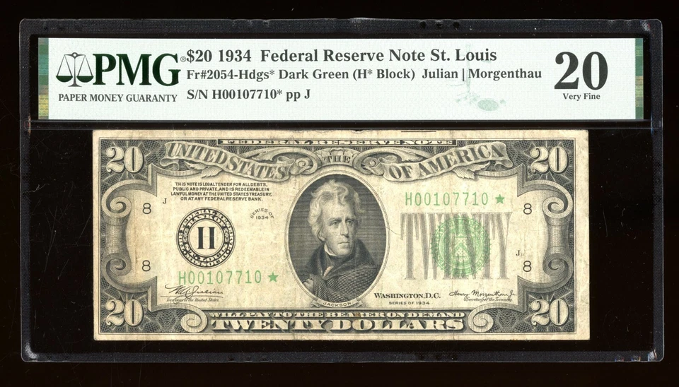 DBR 1934 $20 FRN DGS STAR St. Louis Fr. 2054-Hdgs* PMG VF-20 Serial H00107710* - Image 1 of 2