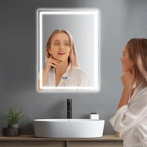 Touch Beschlagfrei Beleuchtung Wandspiegel LED Dimmbar Badspiegel mit Uhr - Bild 1 von 21