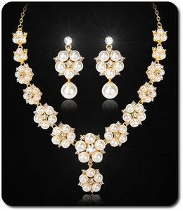 Set Halskette Ohrringe Perlen Perlenkette Strass Ohrstecker Schmuckset Weiß/Klar - Bild 1 von 1