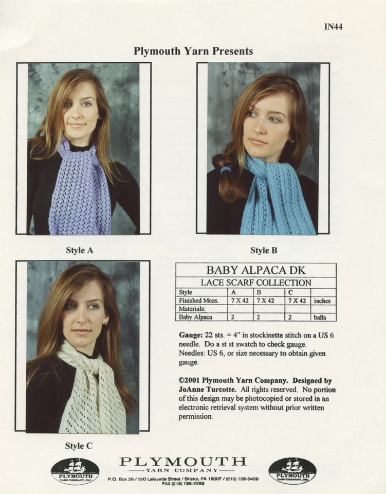 Plymouth Knitting Pattern IN44 - Baby Alpaca DK Lace Scarf Collection 3 designs - Image 1 of 1