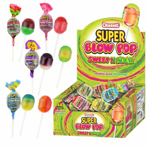 CHARMS Super Blow Pop, Sweet N Sour, Bubble Gum Filled Lollipops (48 Count Box)
