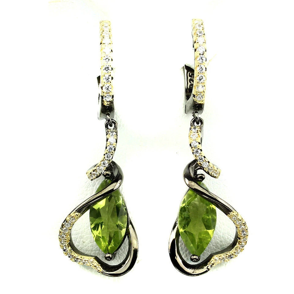 925 Sterling Silver Earrings Marquise Peridot 12x6mm Natural Gemstone Jewelry - Image 1 of 4