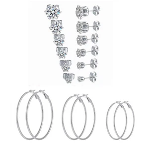 Juego de 9 pares (6 pares de aretes de circonita cúbica + 3 pares de aros hipoalergénicos) - Imagen 1 de 26