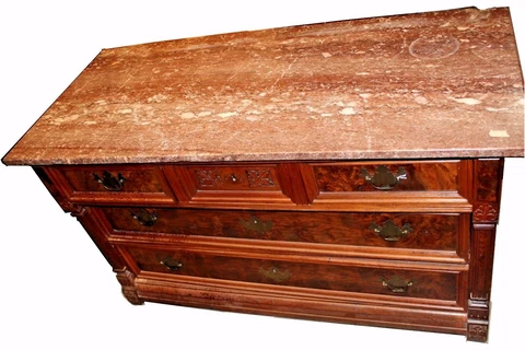 Antique American Victorian Eastlake Walnut & Rose Marble-Top Dresser Cover