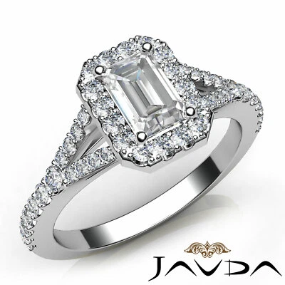 Anillo de compromiso con halo de vástago dividido pavé francés de diamantes talla esmeralda GIA F VS1 1 quilate Foto 1 de 4