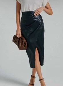 NEW TIGERMIST BLACK PU FAUX LEATHER FRONT SPLIT MIDI SKIRT 6 8 10 12 14 - Foto 1 di 4
