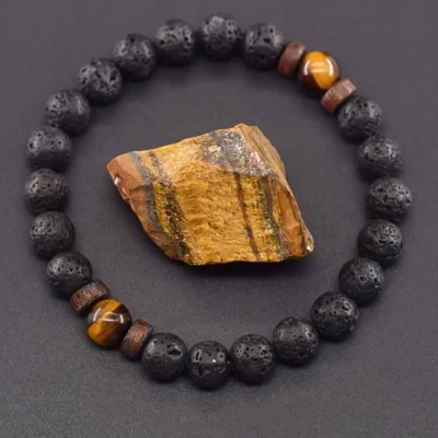 Bracciale Occhio di tigre Pietra Lavica perle 8mm pietre dure Nero da Uomo Donna - Immagine 1 di 4