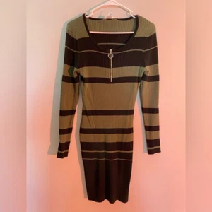 WOMENS ZIP UP LONG SLEEVE PAST KNEE GREEN AND BLACK DRESS XL CASUAL DRESS CUTE - Picture 1 of 5