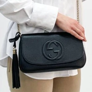 new Gucci GG Soho Medium Black Shoulder Bag Handbag Flap Leather 536224 A7M0G - Picture 1 of 8