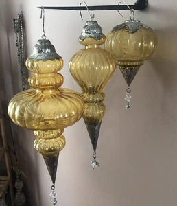 Set Of 3 Amber Glass Ornaments With Silver - Picture 1 of 6