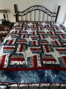 Handcrafted Patchwork Queen Size Quilt, 88 x 90, Reds And Blues, Beautiful Con. - Picture 1 of 4