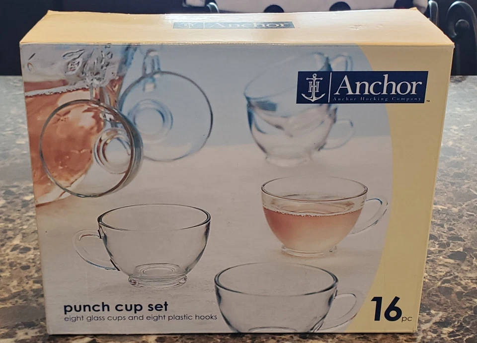 Anchor Hocking Glass Punch Cup Set 8 Cups and 11 Plastic Hooks