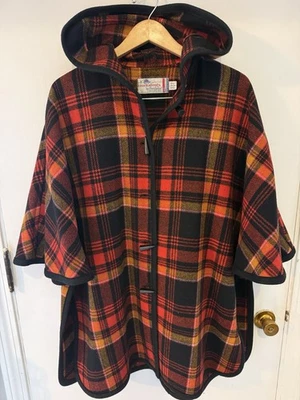 Pendleton Vintage Wool Cape Poncho Knockabouts By Pendleton Plaid Red Orange Blk - Image 1 of 4