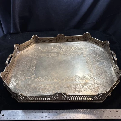 "Bandeja decorativa grande de latón pesada de colección para servir pies de galería asas 20x15,5x3,5""" Foto 1 de 4