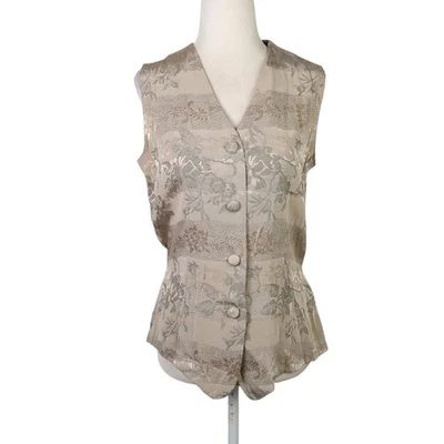 Vintage 80s Signet Tan Satin Brocade Jacquard Floral Vest Small - Image 1 of 4