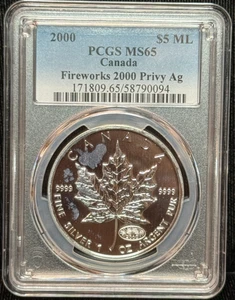 PCGS MS 65- 2000 Canadá $5 Hoja de Arce Plata 1oz Moneda Fuegos Artificiales Privado -094 - Imagen 1 de 2
