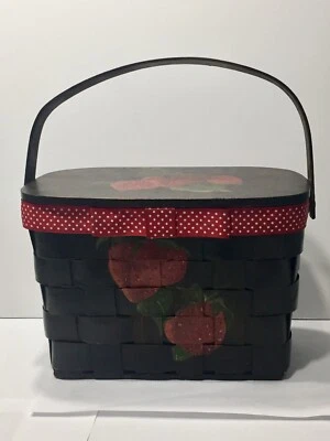 Vintage Brown Wooden Box Purse Lattice Hinged Top Hand Painted Strawberries - Image 1 of 4