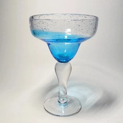 Artland Blown Glass Style Blue Clear Bubble Margarita Glass 7.5" Tall - Image 1 of 4