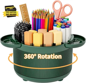 360 Degree Rotating Desk Organizer, Pencil Pen Holder with 5 Compartments and Tr - Picture 1 of 7