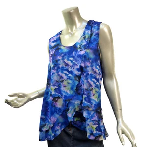 Keren Hart Layered Asymmetric Tank Top Large Blues Purples Watercolor Georgette - Picture 1 of 7