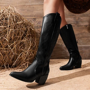 Ladies Knee High Cowboy Boots with Side Zipper and Western Embroidery 6-11 US - Picture 1 of 15
