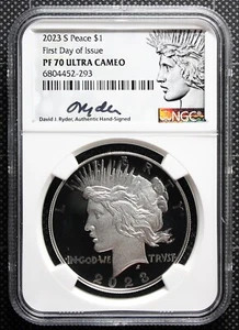 2023 Silver Peace Dollar NGC PF 70 FIRST DAY OF ISSUE RYDER SIGNED Mint FDOI - Picture 1 of 2