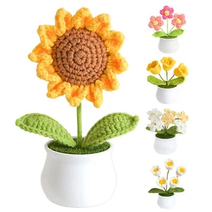 Hand Knitted Potted Plants Crochet Flower Bouquet Home Desk Decor Ornament - Picture 1 of 17