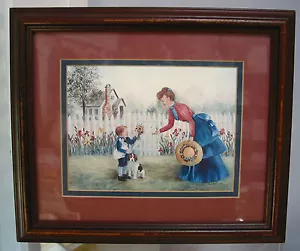 Glynda Turley Framed Print Mother & Boy Dog and Bunny Rare 11.5"x9 7/8" Vintage - Picture 1 of 12
