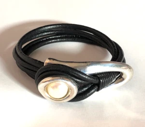 Sterling Silber Süßwasserperlen schwarz Leder Armband E&L Israel 16g 925 3202 - Bild 1 von 11